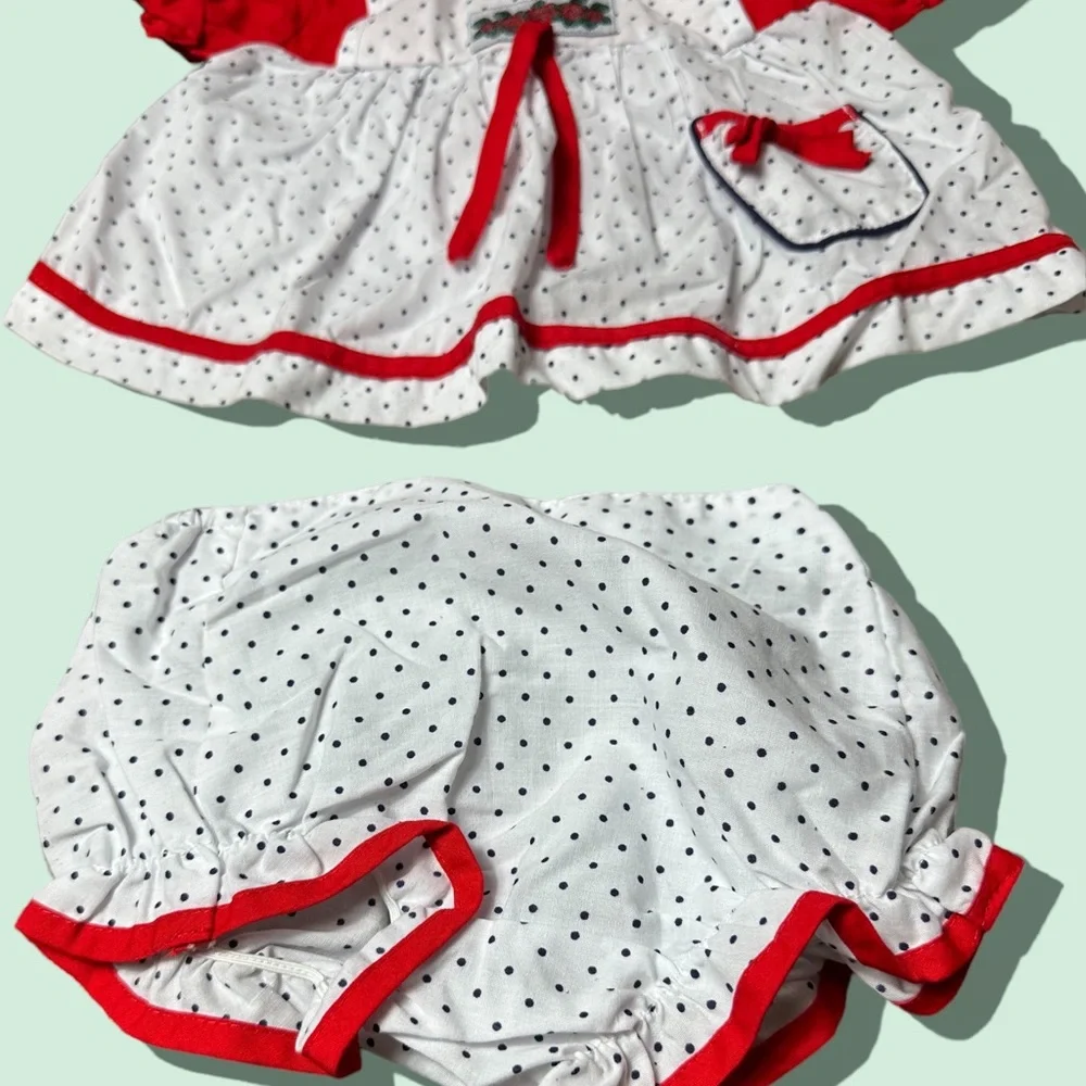 Vintage Baby Cotton Candy Red White Blue Two Piece Set Polka Dot Rose Detail